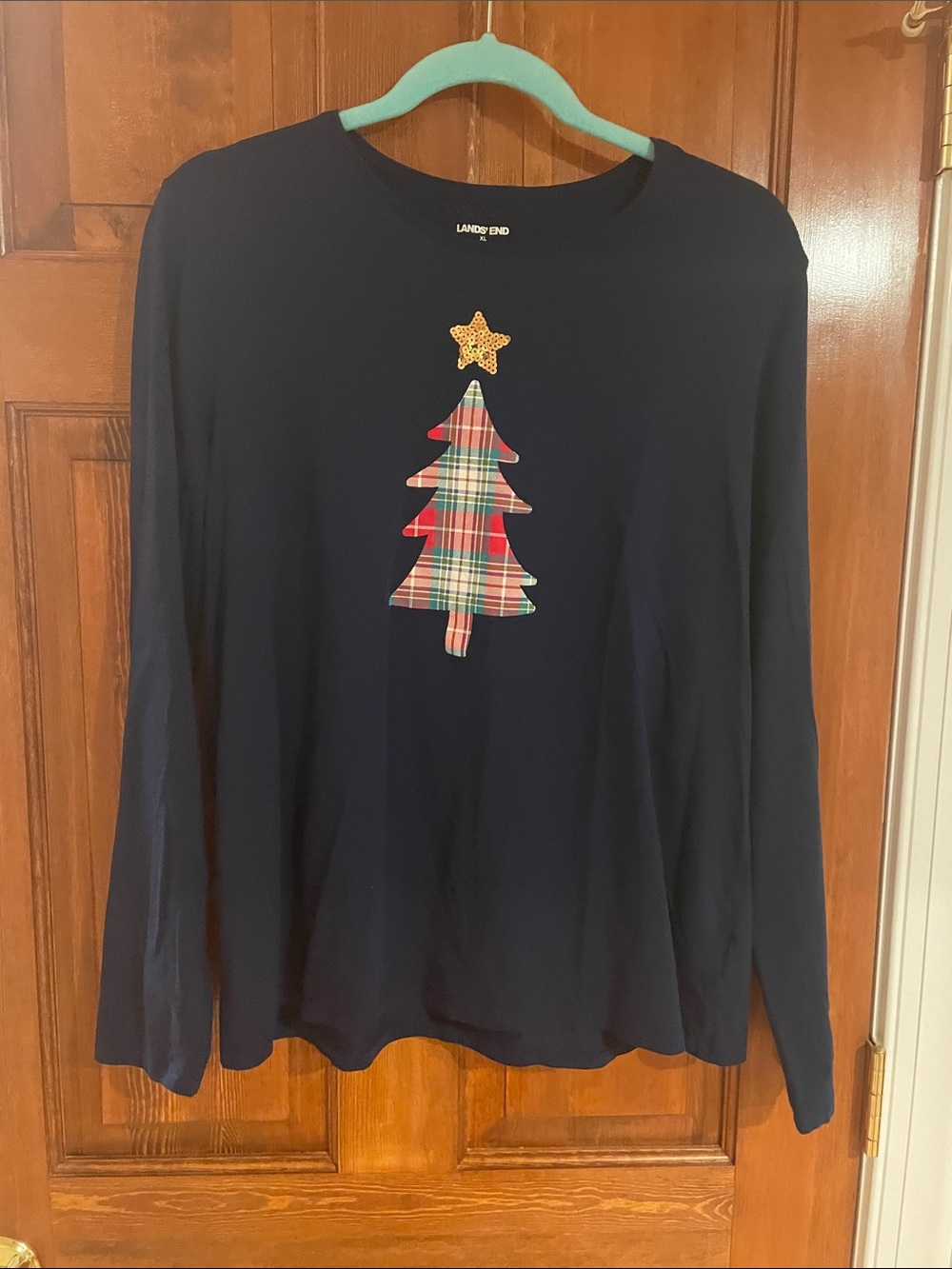 Lands' End Navy Long-Sleeve Top with Plaid Christmas Tree Applique